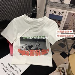 Ylsz Customized ~ Black Short-Sleeved T-Shirt with a Summer Design, Niche Print, Slim Fit, Hollow-Out Short Top