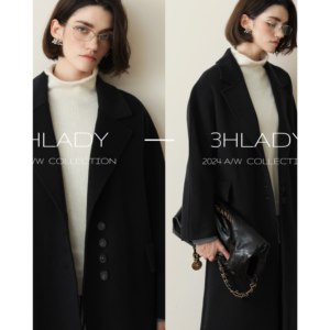 
3HLADY Gao Zhidanren, decorated with real horn buckles, navy blue long Australian wool double-sided woolen coat