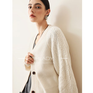 
3HLADY 3HLADY 3D Retro Cable Stick Needle Knitted V-neck Wool Cashmere Sweater Cardigan Jacket