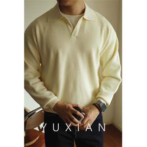Yuxian leisure V -neck sweater woven sweater lapel heavy warm men's polo long -sleeved American autumn and winter