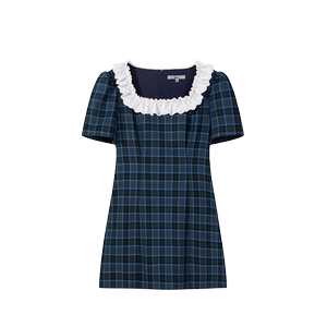 
[Mist Blue] Uena Celebrity's Same Blue Contrast Color Plaid Lace Square Collar Waist A-line Dress for Women