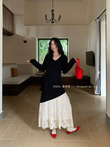 爱西里2024秋季新款法式赫本风花边设计感高腰拼接撞色百搭连衣裙