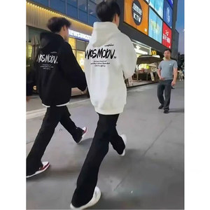 
National trend American high street handsome hooded sweatshirt for men and women plus velvet thickened oversize heavy couple coats for students