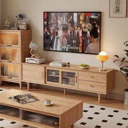 Muyuji Solid Wood Tv Cabinet Storage Cabinet Natural Wood Style Integrated Floor Cabinet Side Cabinet Small Apartment Coffee Table Set