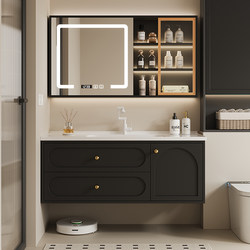French-Style Cream-Colored Bathroom Cabinet Set with Integrated Ceramic Basin, Solid Wood Washstand, and Sink, 2025 New Model