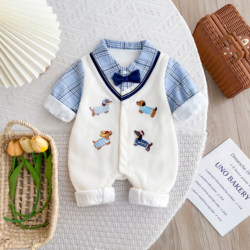 Infant Clothing, New Autumn Style, 100-Day-Old Baby Fleece-Lined Jumpsuit, Spring and Autumn Style, Super Cute Outdoor Wear, Long-Sleeved Romper