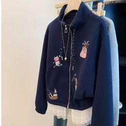 150.00kg Plus size autumn and winter Patchwork hem Fake Two-Piece cat zipper stand collar Sweatshirt men's and women's Cardigan Outwear tide