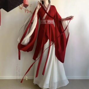 
Original Hanfu women [Red Moon] Wei and Jin style Southern and Northern Dynasties cross-necked collar large sleeves waist-length torn skirt red ancient costume