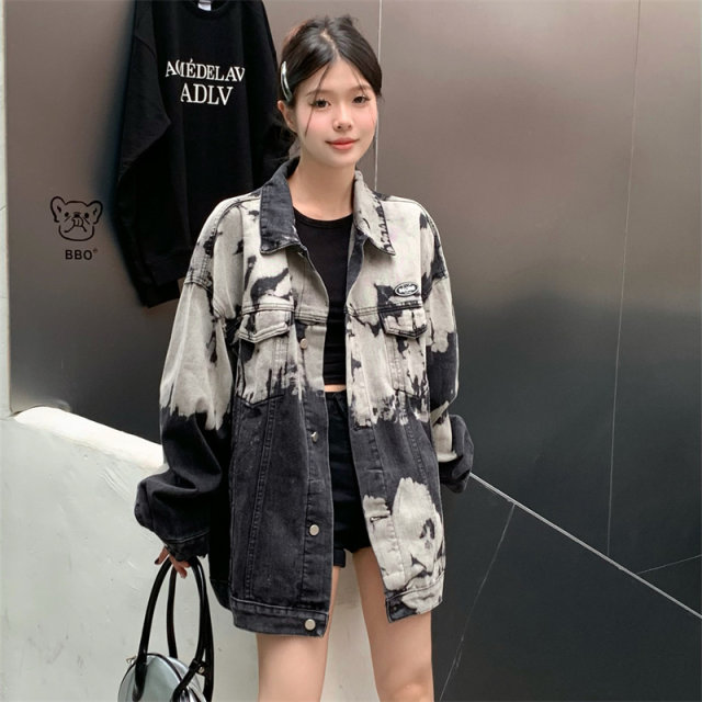 Extra large size 300Jin [Jin equals 0.5 kg] tie-dyeed old hip-hop dark spring new jacket versatile loose Hong Kong style denim jacket