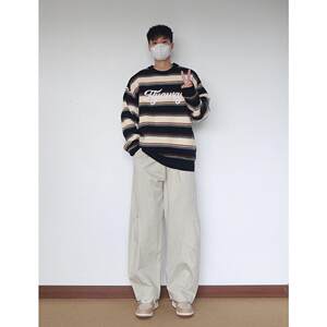 
siiiend round neck striped letter embroidered sweater sweater men's trendy autumn and winter loose couple pullover