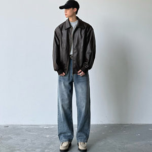 
SIIIEND American-style aged Clean short leather jacket men's autumn loose casual versatile lapel jacket