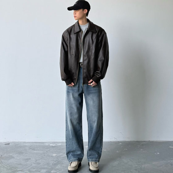 
SIIIEND American-style aged Clean short leather jacket men's autumn loose casual versatile lapel jacket