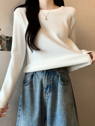 White Base Layer Shirt for Women, Suitable for Autumn and Winter, Made of German Velvet, Thickened Long-Sleeve Fleece T-Shirt, Solid Color, Loose Fit, Round Neck Top