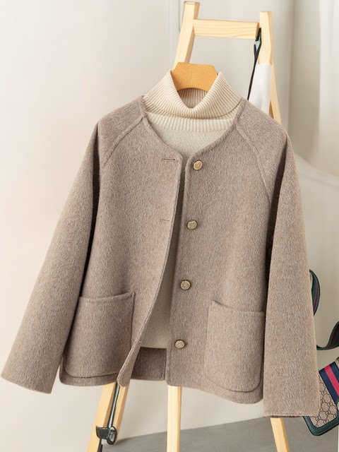 High-end gray double-sided woolen coat for women short 2023 new Hepburn small fragrance style woolen coat for small people