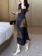 High-end new Chinese style printed short-sleeved dress for women 2024 summer new V-neck lace-up slim skirt