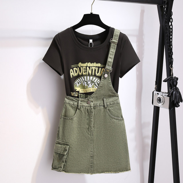 Denim single shoulder strap short-sleeved T-shirt dress for women's suit 2025 summer new half-length skirt small