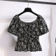 Black floral one-length neck off-shoulder clavicle puff short-sleeved shirt for women 2025 summer new temperament short top