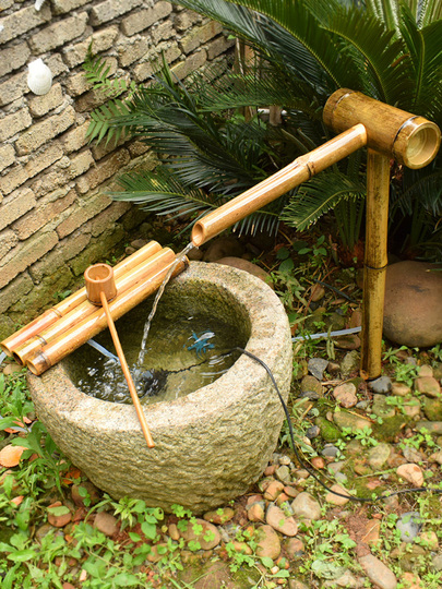 竹流水装飾 - 竹装飾造園 - 水槽石トラフ石ボウル水景庭中庭 - 竹水流装置 