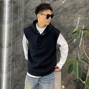 
Sleeveless hooded snap-button vest for men spring new casual waistcoat top trendy simple versatile loose vest