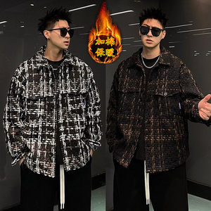 
2023 new winter cotton jacket houndstooth woven warm jacket men's trendy couple versatile loose jacket