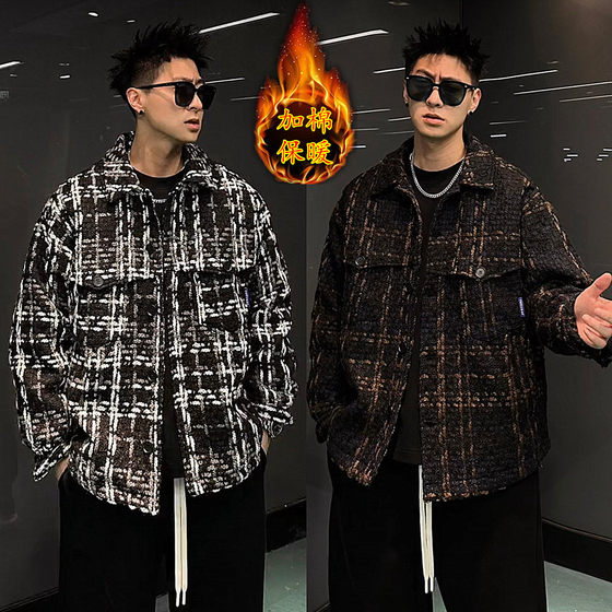 
2023 new winter cotton jacket houndstooth woven warm jacket men's trendy couple versatile loose jacket