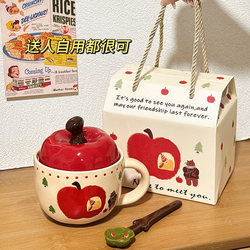 Cute Apple Ceramic Mug with Lid and Spoon, Breakfast Cup, Office Drinking Cup, Couple Water Cup, Birthday Gift for Women