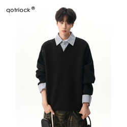 480g Heavyweight Plaid Fake Two-Piece Lapel Sweatshirt for Men and Women, Autumn Design with Spliced Polo Collar Long-Sleeve Pullover