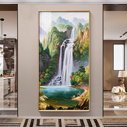 Decorative Painting for the Entrance Hall, Vertical Wall Art, Oil Painting, Landscape Painting with Flowing Water Symbolizing Wealth