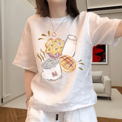 Right-Shoulder Short-Sleeved Women's T-Shirt 2025 New Cartoon Print Round Neck Women's Casual White Top Women's Summer Clothes