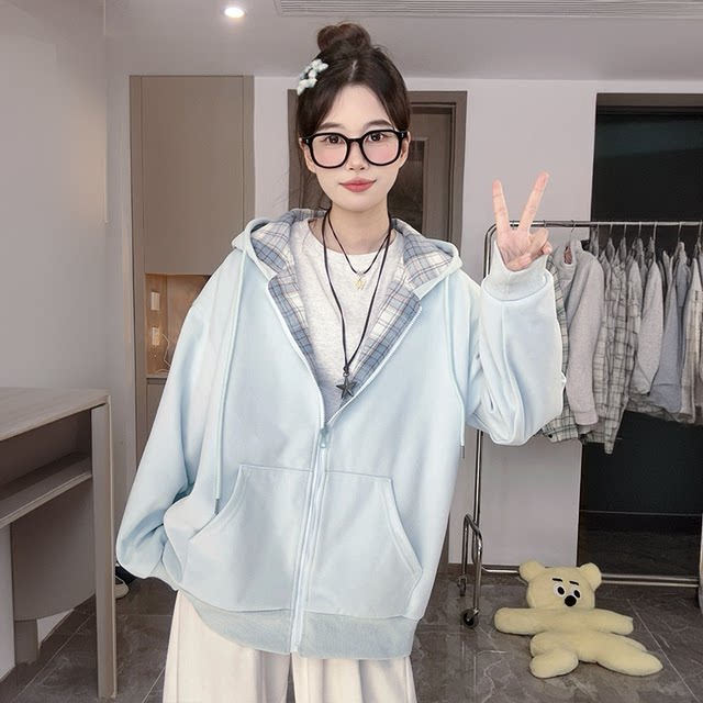 Cardigan hooded sweatshirt coat for women autumn and winter 2024 new large-size women's spliced ​​plaid design loose top

