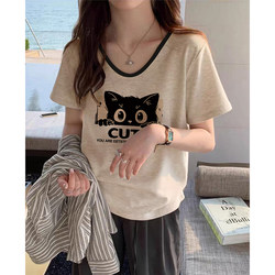 Summer American Retro Short-Sleeve T-Shirt for Women 2026 New V-Neck Korean Style Slimming Loose Design Plus-Size Top for Women