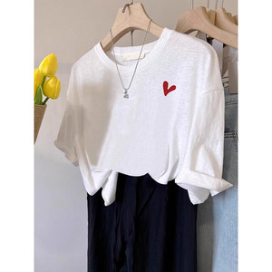 
Round neck bamboo cotton short-sleeved women's t-shirt 2026 new loose large size women's fat mm slim summer white top