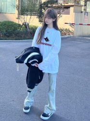 American-Style Heavyweight Pure Cotton Long-Sleeve T-Shirt for Women, Spring and Autumn Thin Loose Design with Unique Print, Base Shirt Top for Men