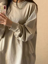 American Retro Long-Sleeve T-Shirt for Women, Spring and Autumn Thin Style, Loose Design, Niche Khaki Color, Pure Cotton Base Shirt for Men