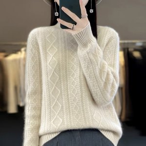 Ordos cashmere sweater women's half turtleneck thread flower thickened knitted sweater loose large size bottoming sweater winter