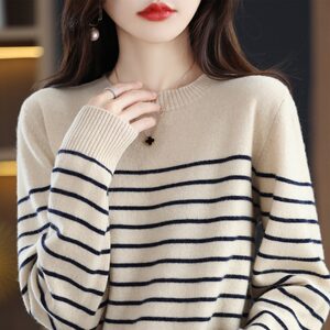 
Women's round neck sweater women's 2025 autumn and winter new long-sleeved striped pullover slimming inner wear outer bottoming sweater