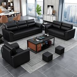 New Office Sofa and Coffee Table Set, Simple Modern Business Reception Leisure Seating for Three, Leather Art