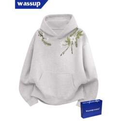 Wassup Embroidered Floral Hooded Fleece-Lined Thickened Autumn and Winter Sweatshirt for Men, Loose Fit, Hooded Couple's Top