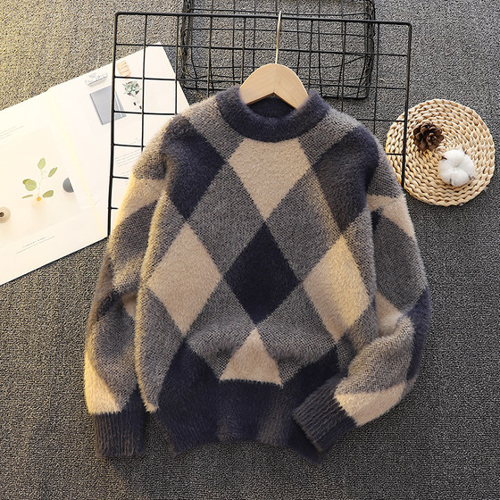 
Autumn and winter style boy sweater children's thick pullover knit handsome boy Korean style mink velvet warm sweater men