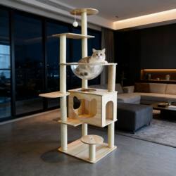 Large Wooden Cat Climbing Frame with House, Scratching Post, Space Capsule Cat Tree, Space-Saving Cat Shelf