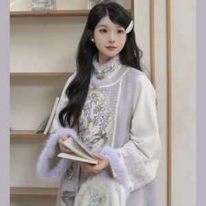 原创汉服女【七月夕-藤萝墨客】明制长比甲紫色套装日常款冬季款