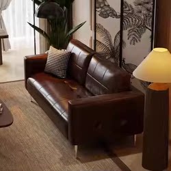 Retro Small Apartment Sofa, Leather Art Sofa, Mid-Century Style Living Room Apartment Double Sofa, Clothing Store Italian Style Leather Sofa