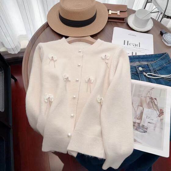 
2024 Spring and Autumn New Lace Bow Long Sleeve Knitted Cardigan Women's Design Sense Age Reducing Chic Sweater Jacket Trendy