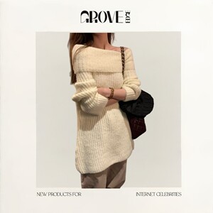 
[Ready Stock] GROVE EDGE one-shoulder solid color long wool sweater for women Korean style lazy style off-shoulder top