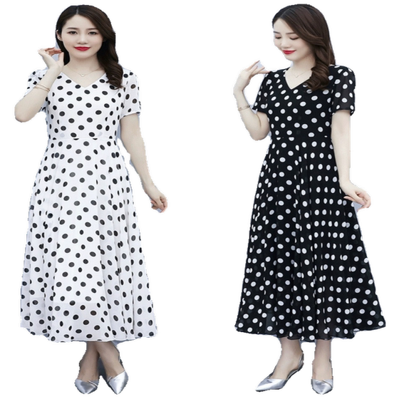 
2026 French black and white polka dot dress for women, summer chiffon, high-end temperament, large size for fat girls, large swing polka dot long skirt