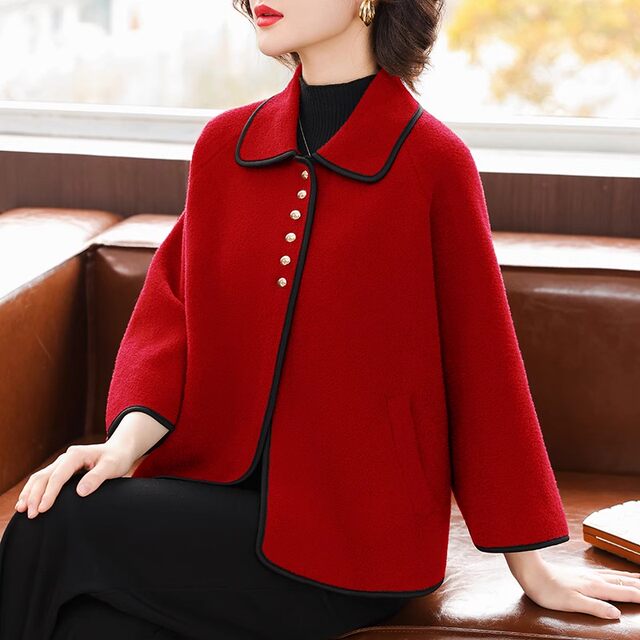 
Red Mother's Autumn Woolen Coat in the Year of the Zodiac 2025 New Middle-aged and Old Women's Spring and Autumn Woolen Coat Short Style