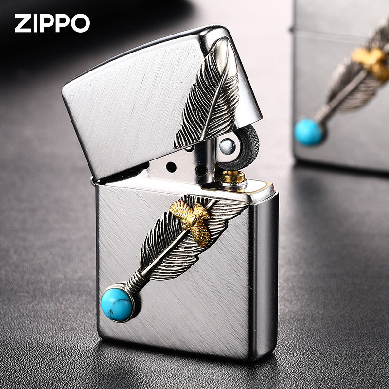 ジッポーライター - 本物のターコイズフェザーインレイ - 防風ギフト
