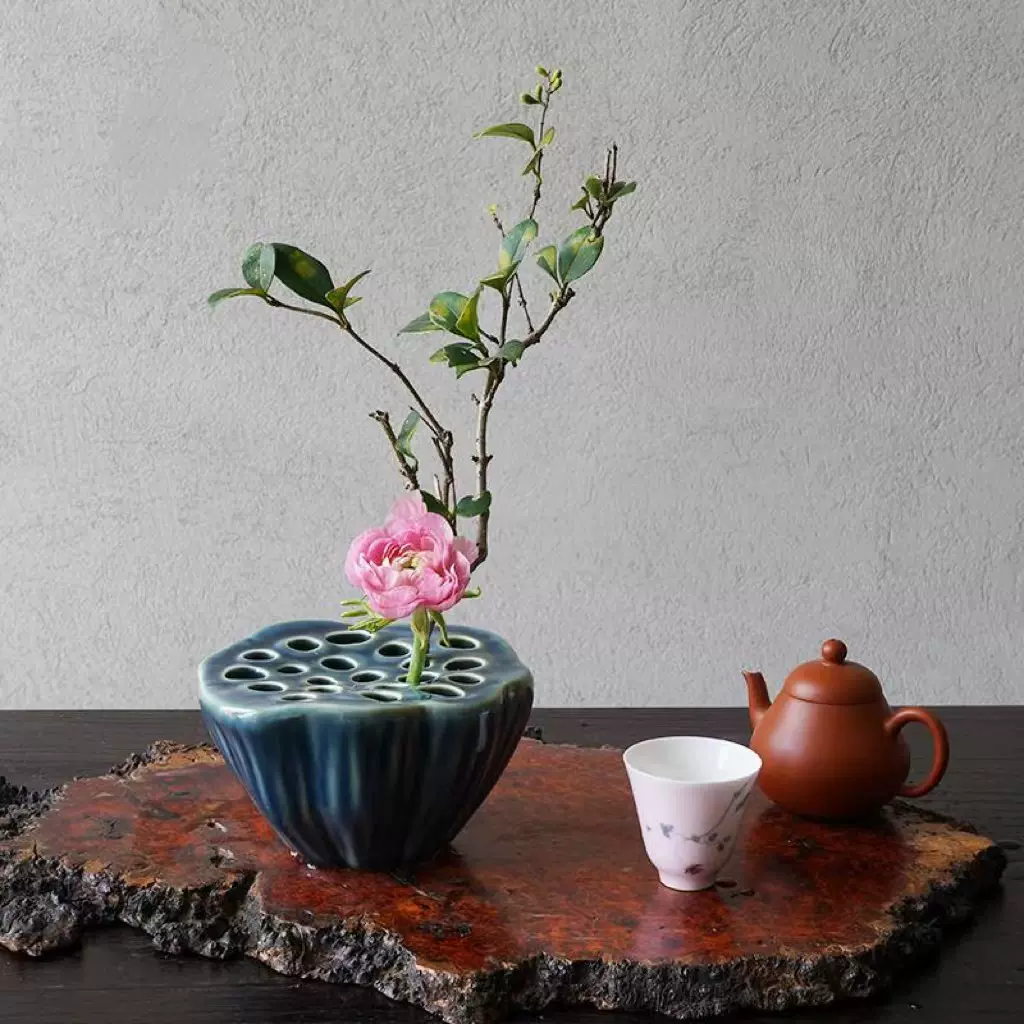 莲蓬花器青釉陶瓷小花器花瓶禅意中式插花碗器皿创意底座日式花盘-Taobao