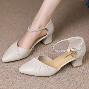 
2025 new summer women's shoes genuine leather buckle hollow toe thick heel mom ladies fashion sandals women's leather shoes