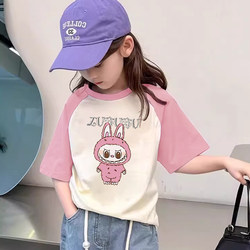 Labubu Girls' Summer Short-Sleeved T-Shirt with Color Matching, Cute Cartoon Children's T-Shirt for Young Girls